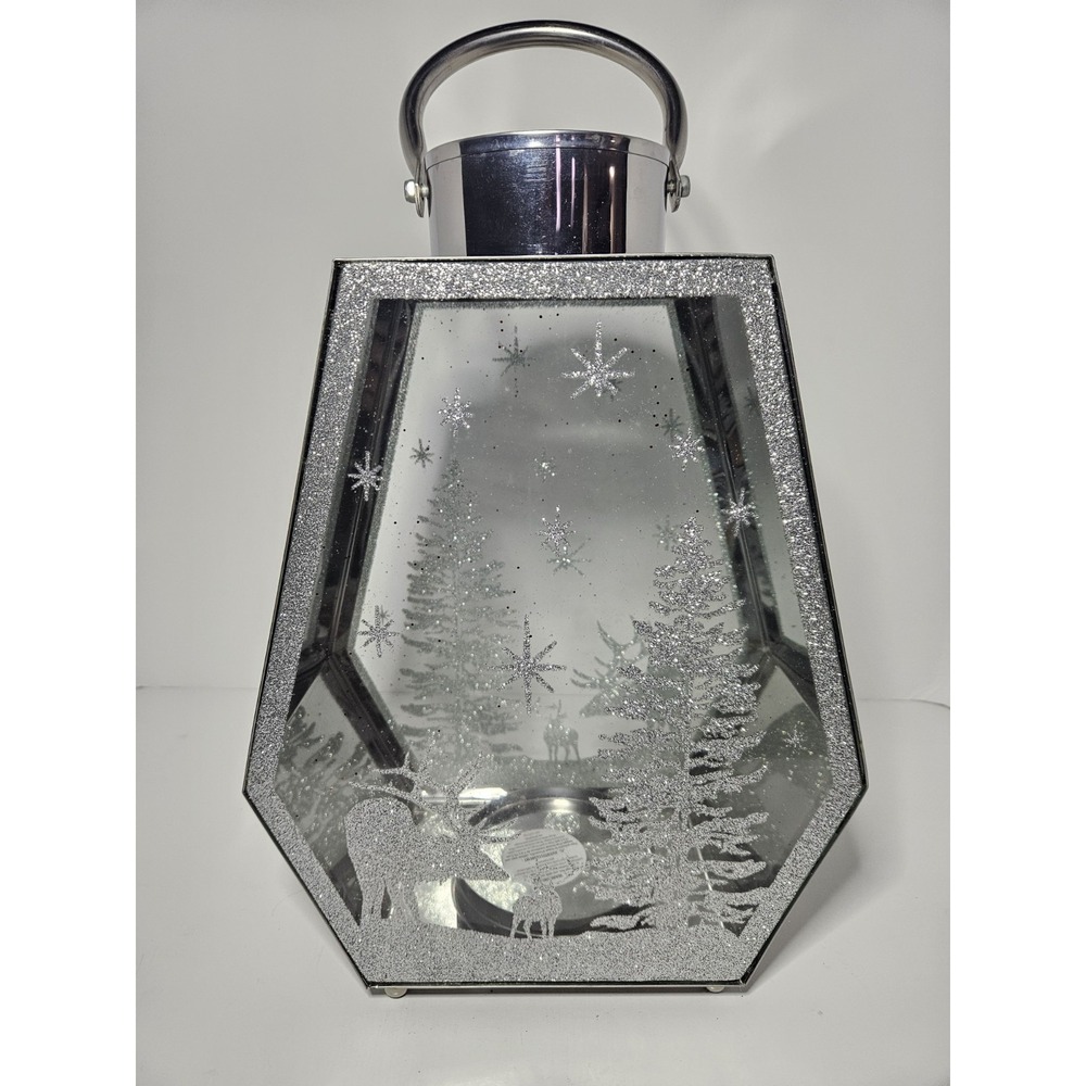 Silver Mirrored Winter Reindeer Snow Scene Geometric Holiday Candle Lantern 13"